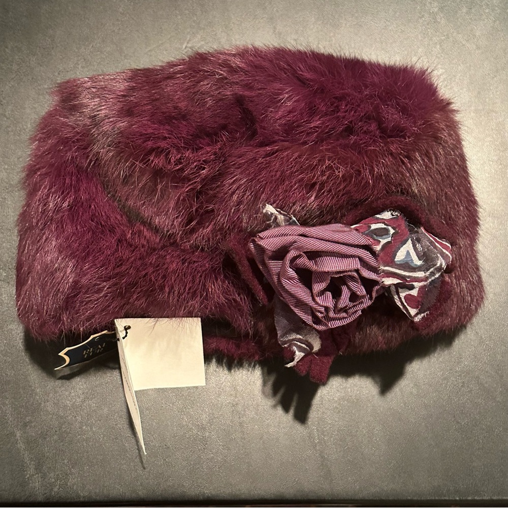 Alessandra Bacci rabbit fur round flat winter hat purple mauve gray fabric rose